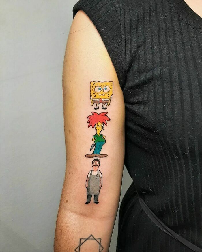 Cartoon tattoo ideas featuring characters from popular animated shows on a person's arm.