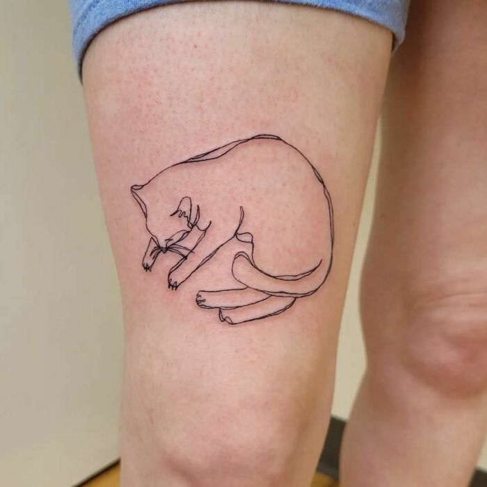 Minimalism line tattoo of a curled-up cat on a person's thigh.