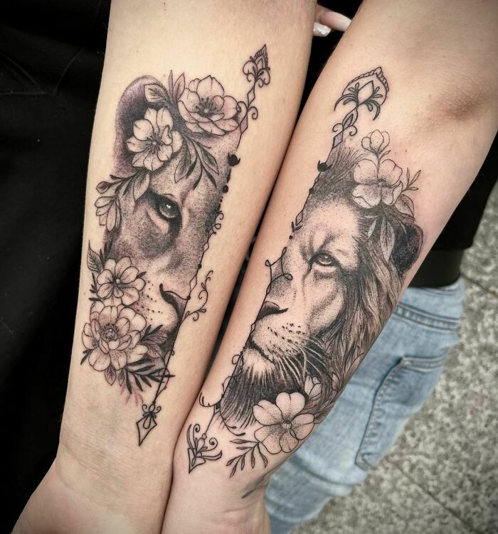 Lion and lioness tattoo design for brother and sister featuring floral accents.