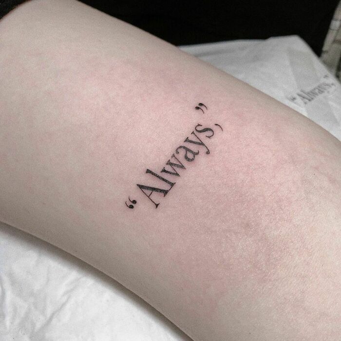 "Always" quote tattoo on arm, inspired by Harry Potter, ideal for any Potterhead.