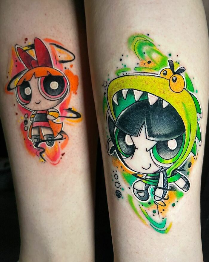 Brother and sister tattoos featuring colorful Powerpuff Girls characters on forearms.