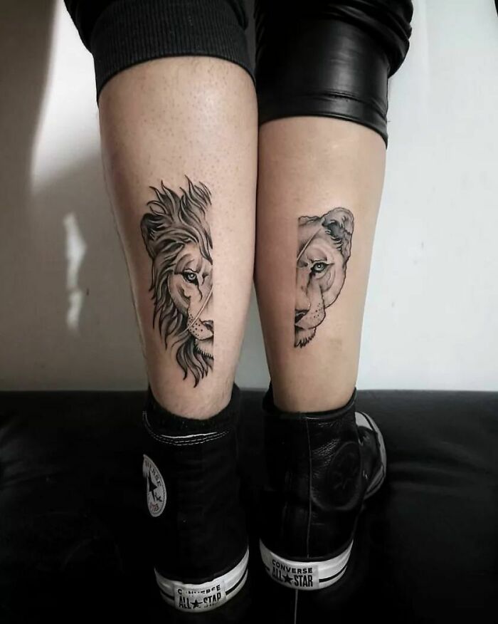 Brother and sister tattoos on calves show a lion and lioness design, highlighting their bond.