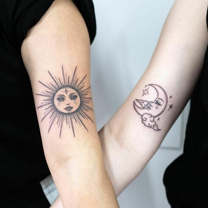 Two BFF tattoos: one sun and one moon tattoo on different arms, symbolizing friendship and unity.