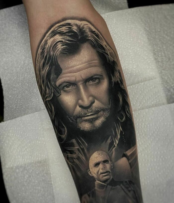 Harry Potter tattoo featuring two detailed character portraits on forearm.