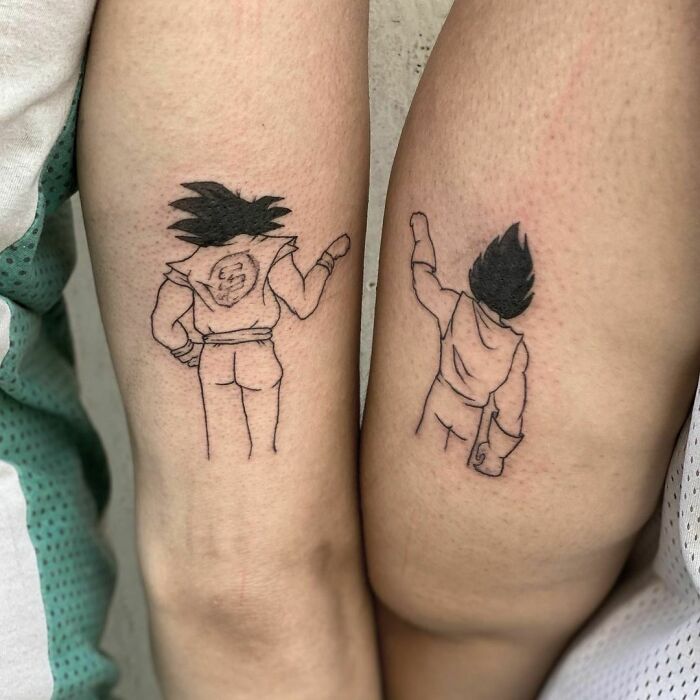 Brother and sister tattoos featuring characters in matching poses on arms.