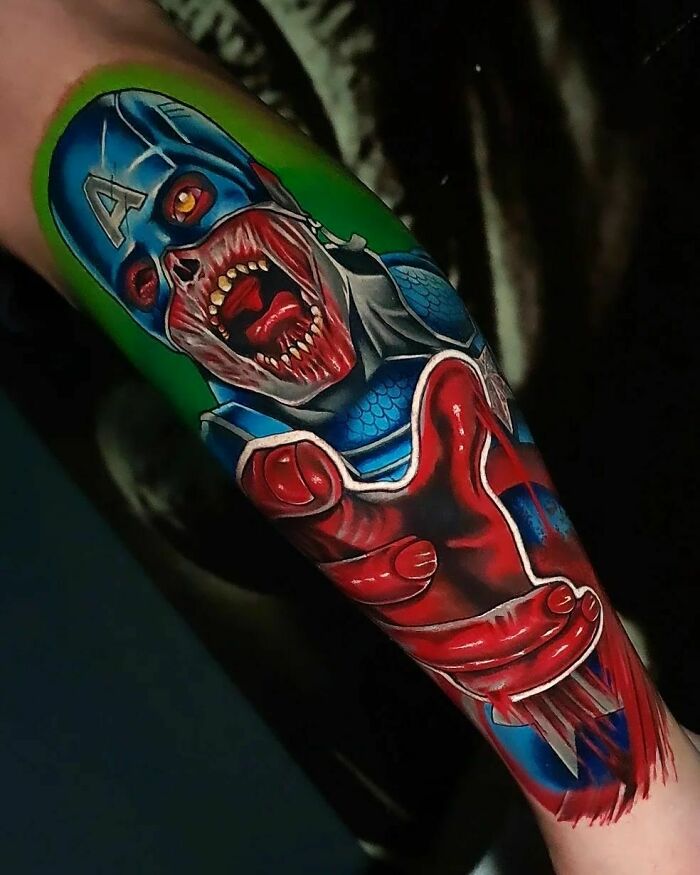 Detailed Marvel tattoo of a superhero zombie on a forearm.