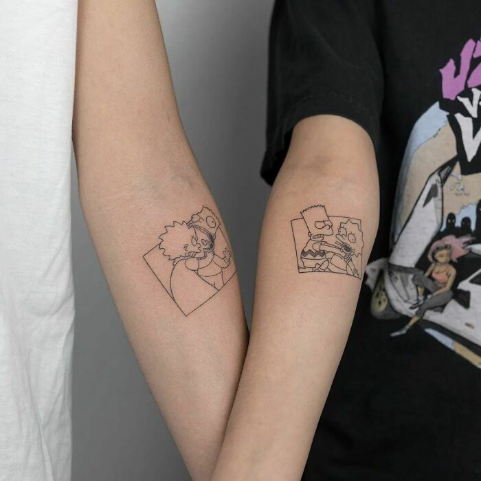 Brother and sister tattoos featuring cartoon characters Bart and Lisa on two people's arms.