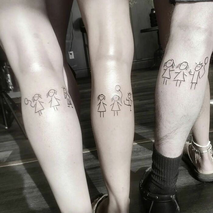 Stick figure brother and sister tattoos on legs, symbolizing sibling connection and unity.