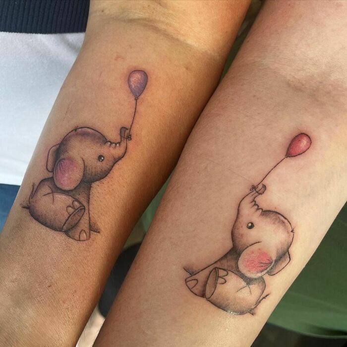 Cute best friend tattoos of elephants holding balloons on forearms, symbolizing friendship.