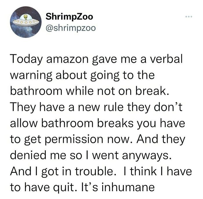 This Is Flat Out Illegal. I See A Class Action In @amazon’s Future.
under Osha Sanitation Standards, Employers Must:
permit Workers To Leave Their Work Area To Use The Restroom As Needed
provide An Acceptable Number Of Restrooms For The Current Workforce
avoid Putting Unreasonable Restrictions On Bathroom Use
ensure That Restrictions On Restroom Use Do Not Cause Extended Delays