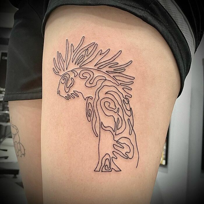 Minimalist line tattoo design on thigh, featuring abstract patterns and shapes.