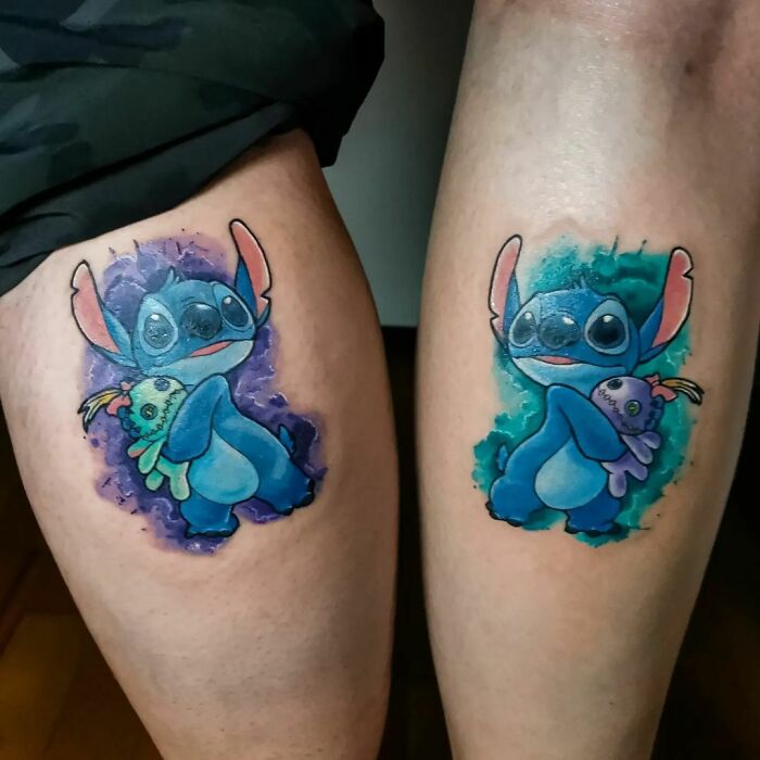 Matching BFF tattoos featuring a cartoon character with vibrant blue and purple colors.