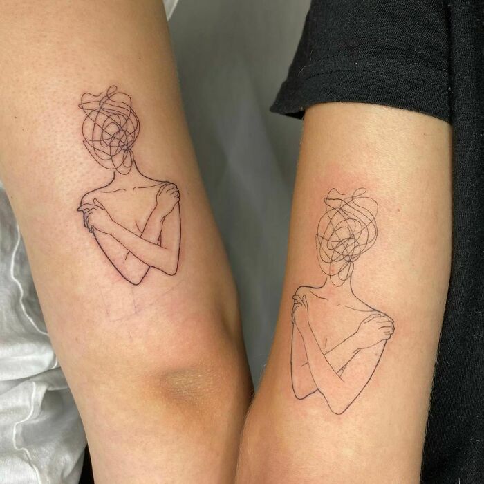 Matching BFF tattoos with abstract line art of faceless figures on forearms.