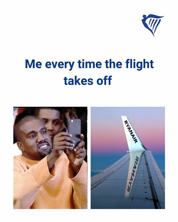 Man taking photo with phone paired with Ryanair airplane wing at sunset, highlighting savage roasts from Ryanair social media.