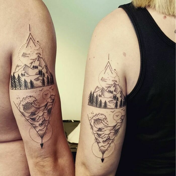 Mountain and wave tattoos on siblings' arms, showcasing simple brother and sister design ideas.