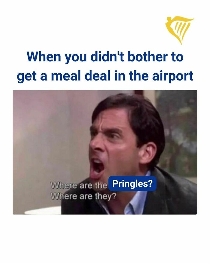 Man yelling in meme about missing snacks at airport, illustrating savage roasts from Ryanair's social media posts.