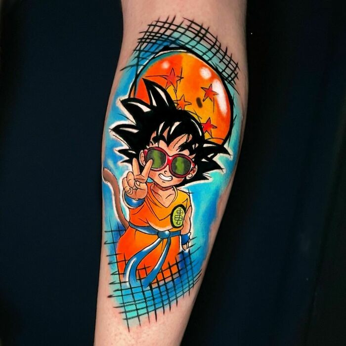 Cartoon tattoo of an anime character wearing sunglasses, in vibrant colors, inspired by a favorite animated show.