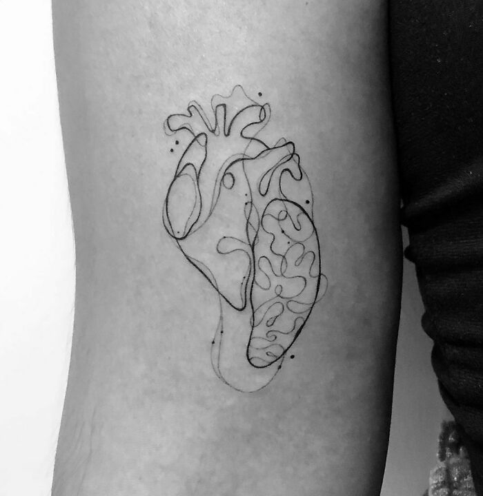 Single-line tattoo of an anatomical heart on arm, showcasing intricate minimalist design.