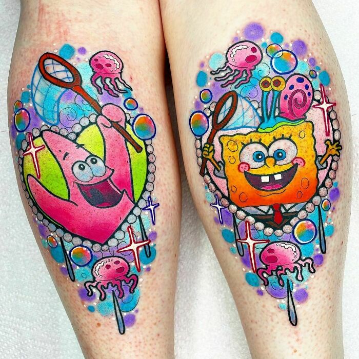 Cartoon tattoo featuring colorful designs inspired by animated shows with jellyfish and bubbles.