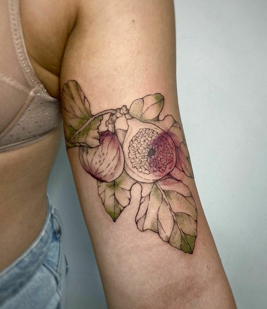 Watercolor tattoo of figs and leaves on an upper arm, showcasing delicate color transitions and intricate details.