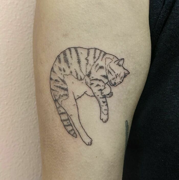 Pet tattoo of a sleeping cat on an arm, celebrating furry friends with minimalist line art.