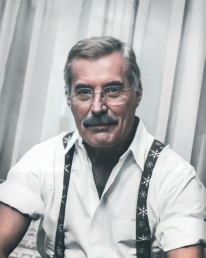 AI-generated image depicting an elderly celebrity with glasses and suspenders.