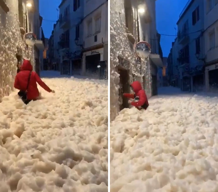 Sea Foam Fills The Streets Of Spain After A Storm Hits The Country