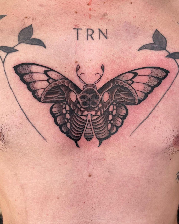 Animal tattoo of a moth on a person's chest, designed with intricate details and surrounded by leafy vine elements.