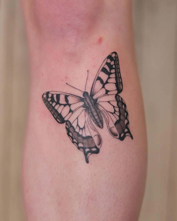 Butterfly animal tattoo on leg with intricate black details.