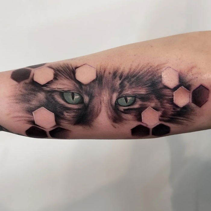 Animal tattoo featuring realistic cat eyes and geometric hexagons on arm.