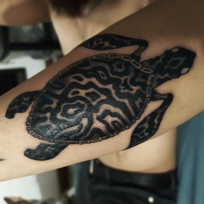 Turtle tattoo design on an arm showcasing intricate patterns in black ink.