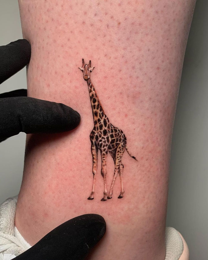 Detailed giraffe tattoo design on skin, showcasing intricate animal tattoo artistry.