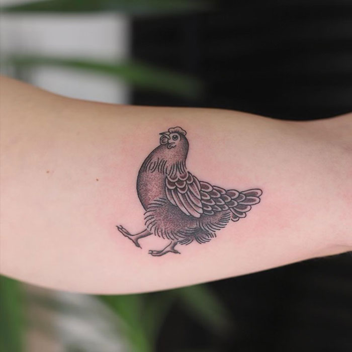 Animal tattoo of a detailed chicken on forearm.