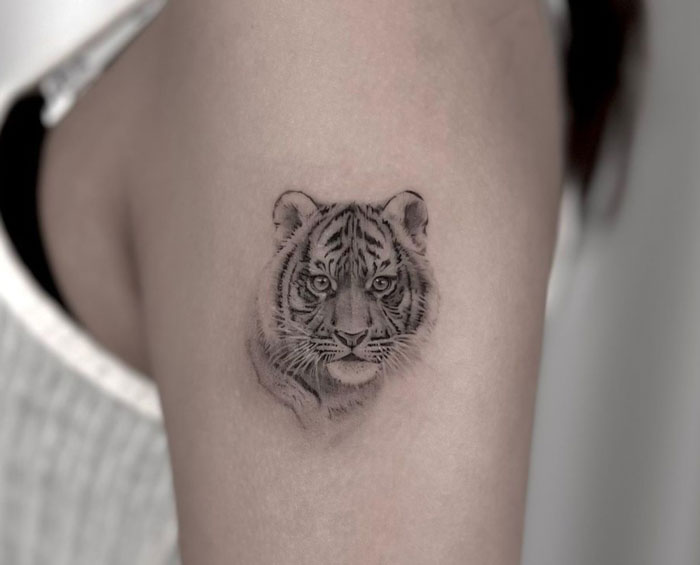 Tiger tattoo on forearm showcasing detailed animal design.