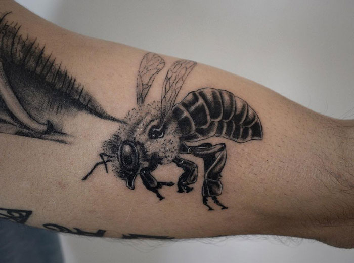 Bee tattoo on forearm, featuring detailed wings and body, showcasing creative animal tattoo ideas for inspiration.