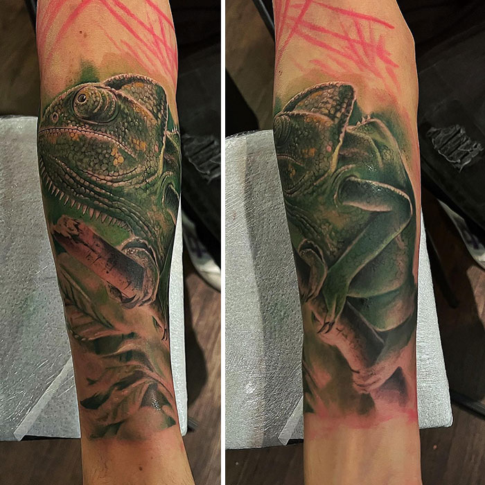 Chameleon tattoo on a forearm, showing vivid green and detailed textures, highlighting animal tattoo artistry.