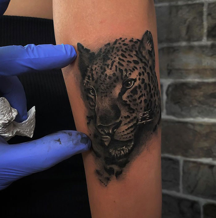 Close-up of a detailed leopard animal tattoo on forearm, with a gloved hand adjusting the design.