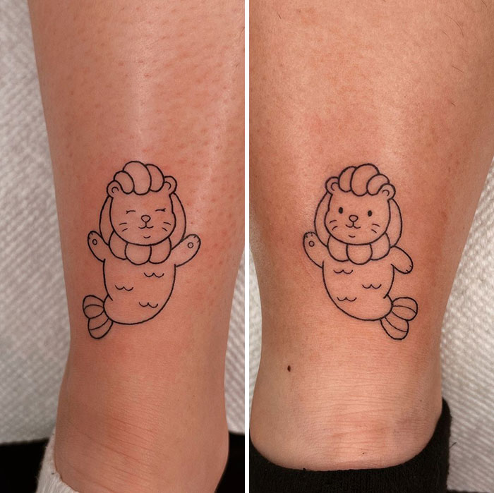Cute lion-mermaid animal tattoos on ankles, showcasing creative tattoo ideas.