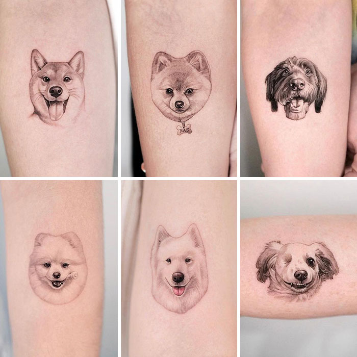 Animal tattoos featuring detailed dog portraits on arms, showcasing a celebration of the animal kingdom.