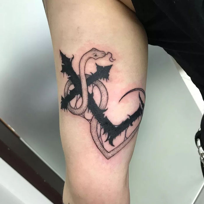 Snake tattoo design with bold black accents on arm, symbolizing strength and transformation in animal tattoos.