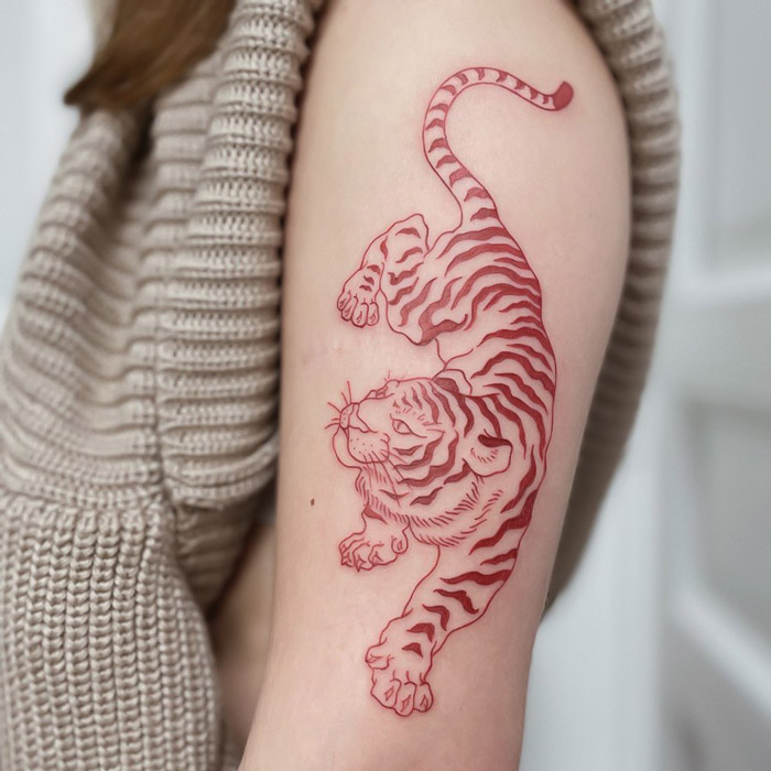 Tiger tattoo on arm, thin red lines depicting an elegant design celebrating the animal kingdom.