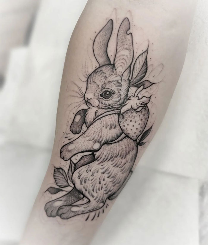 Rabbit tattoo design on forearm, emphasizing the artistry of animal tattoos in the animal kingdom.