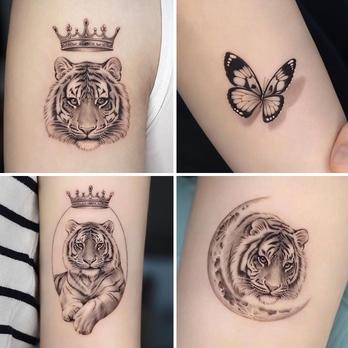 Realistic animal tattoos featuring tigers and a butterfly, embracing simplicity and elegance in design.