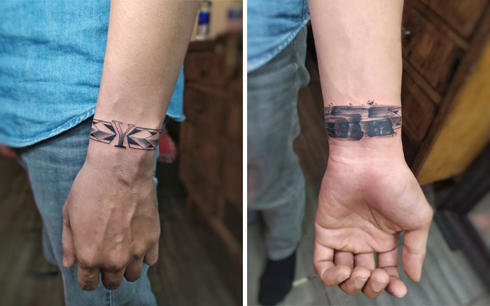 Two unique armband tattoos on forearms, showcasing intricate designs and meaningful symbolism.