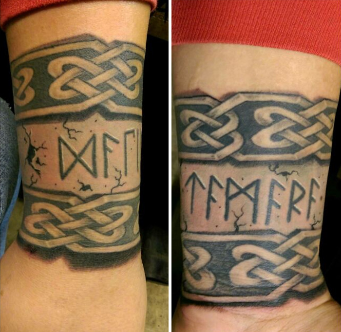 Intricate armband tattoo design featuring Celtic knots and runes on an arm.