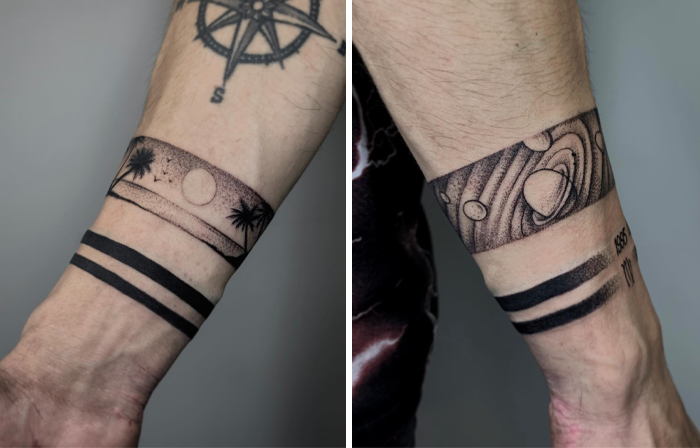 Two unique armband tattoos featuring a beach sunset and a cosmic design with planets.