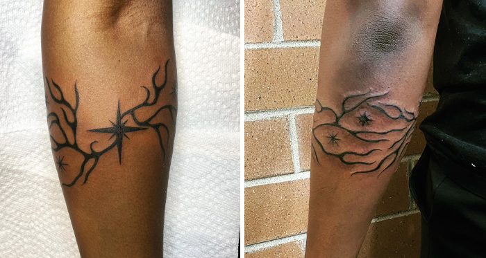 Unique armband tattoo designs with star motifs on forearms, blending abstract and nature-inspired elements.