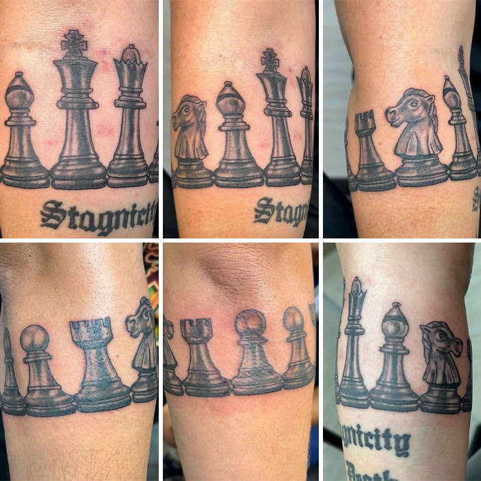 Chess-themed armband tattoo featuring various chess pieces, symbolizing strategy and intellect.