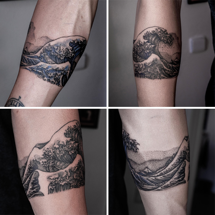 Black and white armband tattoos featuring wave designs and landscape elements on forearms.