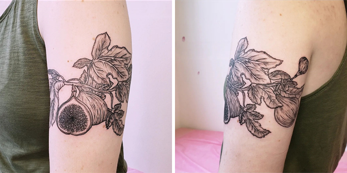 Ink drawing of a fig branch armband tattoo on an arm, showcasing intricate design elements and symbolism.